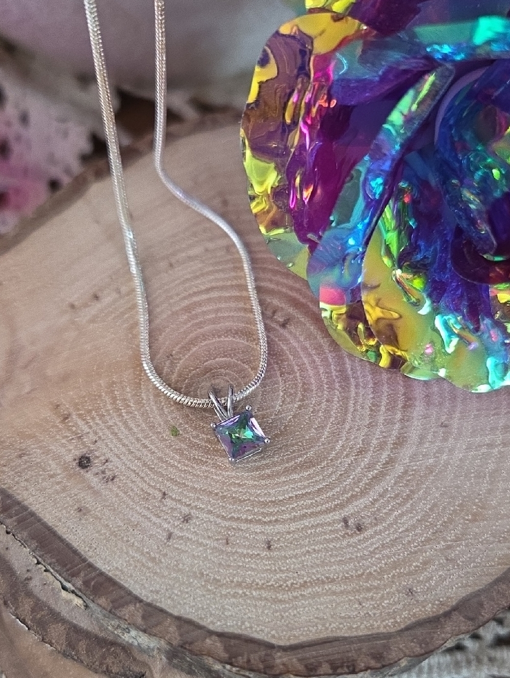 Mystic Topaz Necklace princess Cut Pendant Necklace - 925 Silver